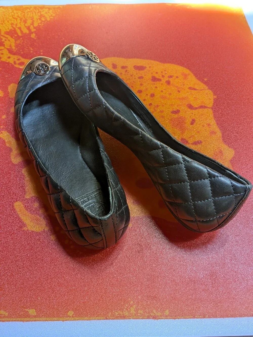 Tory Burch Black Quilted Leather Cap-Toe Ballet Flats with Gold Logo